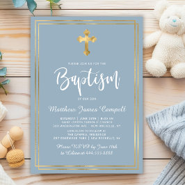 スクリプモダント金ゴールドクロスダスティブルーボーイバプテスマ 招待状