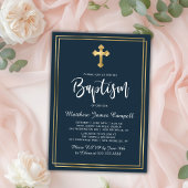 スクリプモダント金ゴールドクロスネイビーブルーボーイバプテスマ 招待状