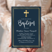スクリプモダント金ゴールドクロスネイビーブルーボーイバプテスマ 招待状
