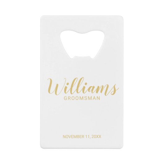 スクリプモダント金ゴールドグパーソナライズされたロンプマン クレジットカード栓抜き (正面)