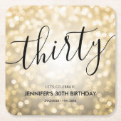スクリプモダント金ゴールドグリッターライト30th誕生日 スクエアペーパーコースター (正面)