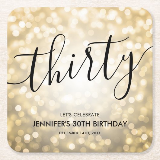 スクリプモダント金ゴールドグリッターライト30th誕生日 スクエアペーパーコースター (正面)