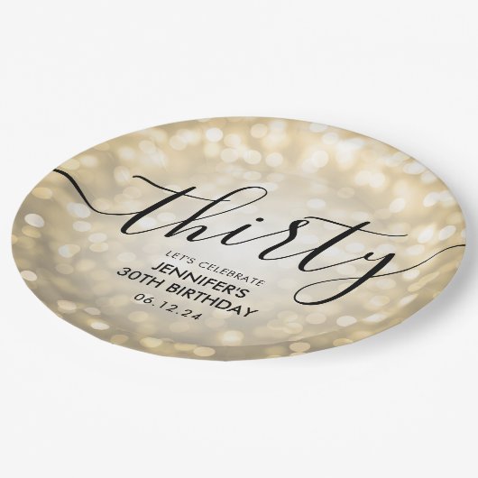 スクリプモダント金ゴールドグリッターライト30th誕生日 ペーパープレート (アングル)