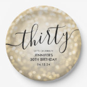 スクリプモダント金ゴールドグリッターライト30th誕生日 ペーパープレート (正面)
