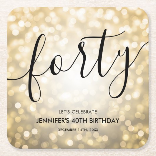 スクリプモダント金ゴールドグリッターライト40歳の誕生日 スクエアペーパーコースター (正面)
