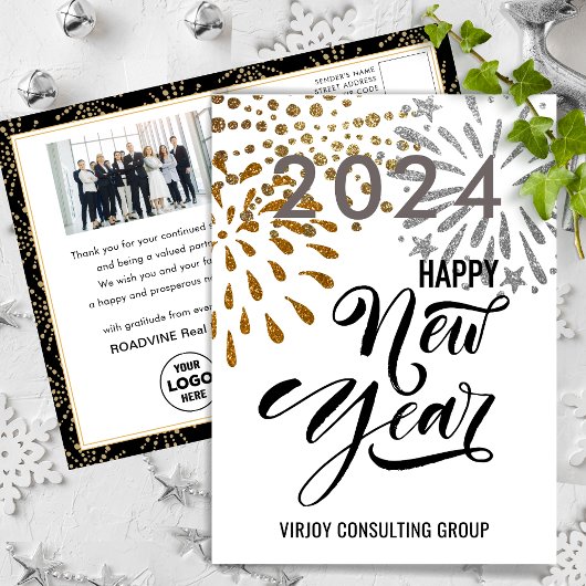 スクリプモダント金ゴールドシルバー花火ビジネスフォト ポストカード