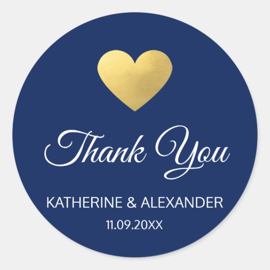スクリプモダント金ゴールドハートネイビー結婚ブルーのシール ラウンドシール (正面)