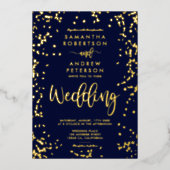 スクリプモダント金ゴールドフォイル紙吹雪ネイビー結婚ブルー 箔招待状 (正面)