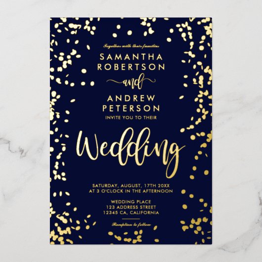スクリプモダント金ゴールドフォイル紙吹雪ネイビー結婚ブルー 箔招待状 (正面)
