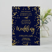 スクリプモダント金ゴールドフォイル紙吹雪ネイビー結婚ブルー 箔招待状 (立ち正面)
