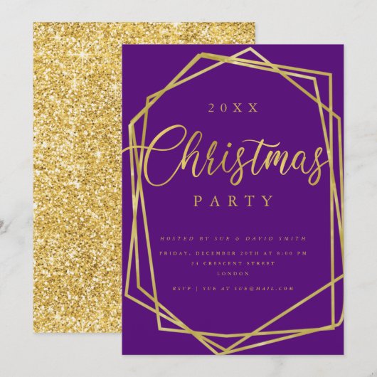 スクリプモダント金ゴールド紫フレームクリスマスパーティー 招待状 (正面/裏面)