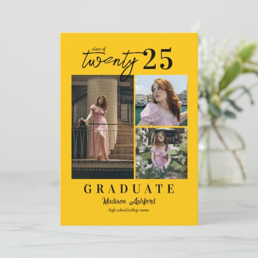スクリプモダント黄色3フォトコラージュ卒業 案内状 (スタンド正面)