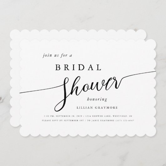 スクリプモダント黒と白のホタテブライダルシャワー 招待状 (正面/裏面)