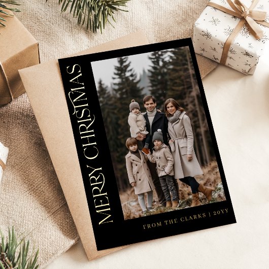 スクリプモダント黒と金ゴールド写真クリスマス 箔シーズンポストカード