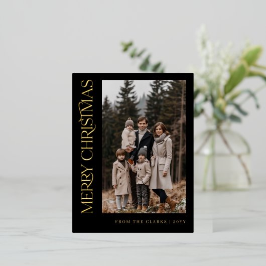 スクリプモダント黒と金ゴールド写真クリスマス 箔シーズンポストカード (立ち正面)
