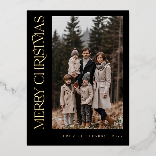 スクリプモダント黒と金ゴールド写真クリスマス 箔シーズンポストカード (正面)