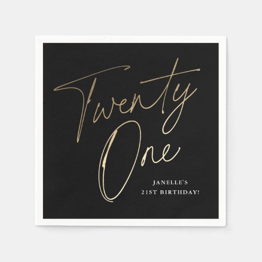 スクリプモダント黒と金ゴールド21歳の誕生日パーティー スタンダードカクテルナプキン (正面)