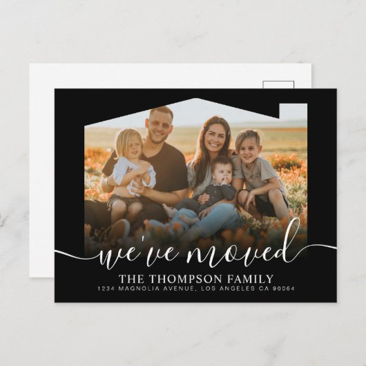 スクリプモダント黒引っ越しました写真の移動 案内ポストカード (正面/裏面)