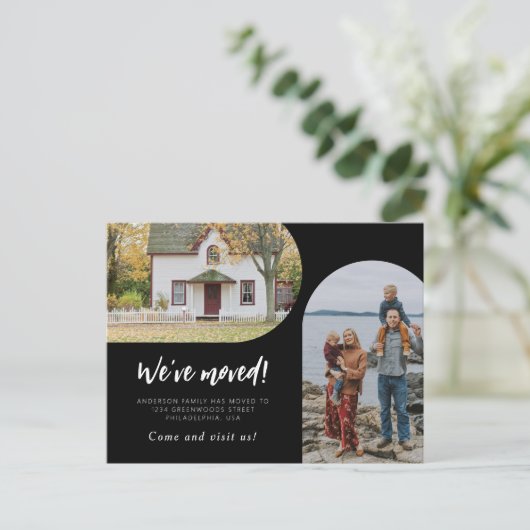 スクリプモダント2アーチ写真引っ越しましたブラック 案内ポストカード (スタンド正面)