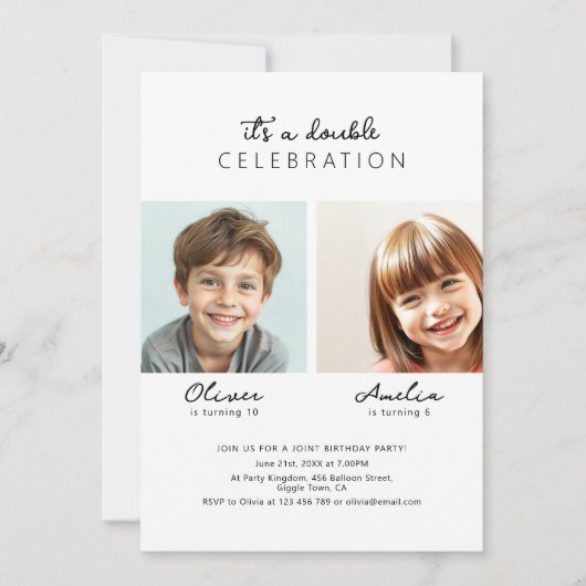 スクリプモダント2枚の写真の共同誕生日パーティー 招待状 (正面)