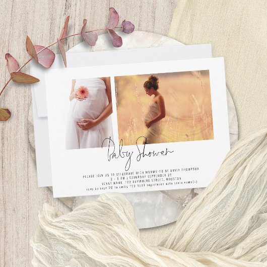 スクリプモダント2枚の写真男女兼用赤ちゃんシャワー 招待状