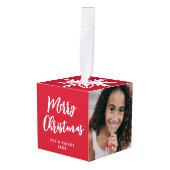 スクリプモダント2枚フォトスノーフレーククリスマスレッド キューブオーナメント (正面アングル)