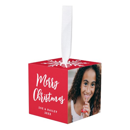 スクリプモダント2枚フォトスノーフレーククリスマスレッド キューブオーナメント (正面アングル)