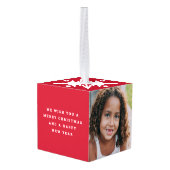 スクリプモダント2枚フォトスノーフレーククリスマスレッド キューブオーナメント (裏面アングル)