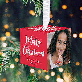 スクリプモダント2枚フォトスノーフレーククリスマスレッド キューブオーナメント