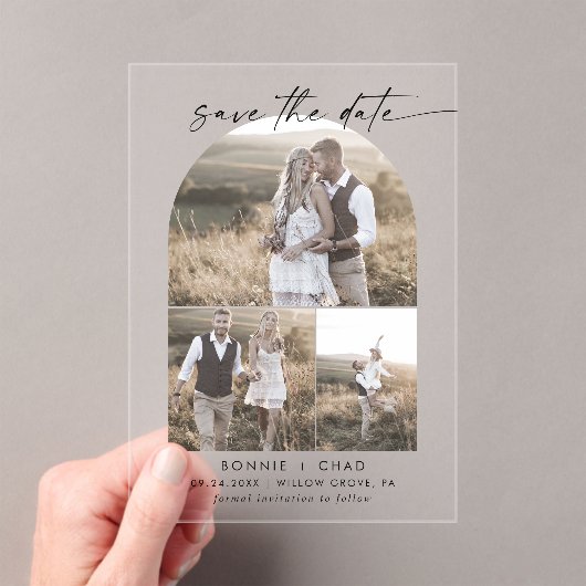 スクリプモダント3フォトアーチ結婚式の日付を保存 アクリル招待状 (インサイチュ (ポータブル))