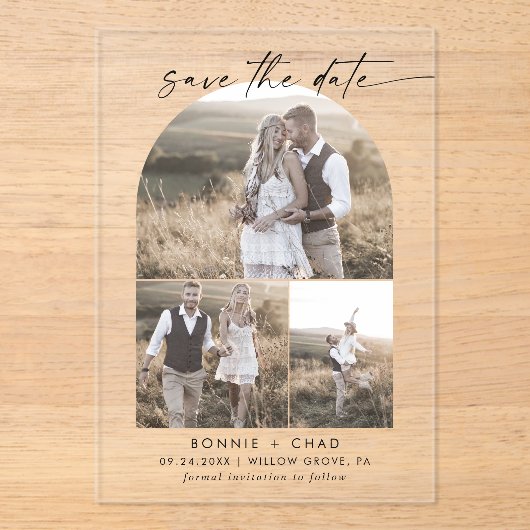 スクリプモダント3フォトアーチ結婚式の日付を保存 アクリル招待状 (正面)