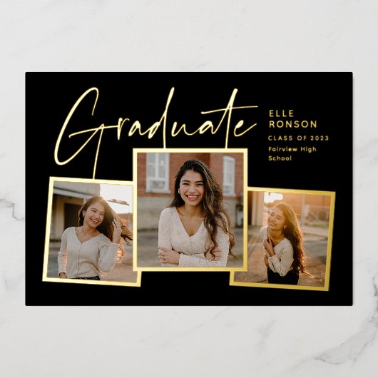 スクリプモダント3フォトコラージュ金ゴールドの卒業 箔招待状 (正面)