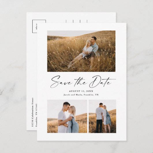 スクリプモダント3写真ウェディング日付の保存 案内ポストカード (正面/裏面)