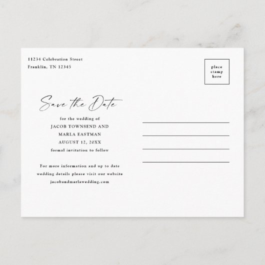 スクリプモダント3写真ウェディング日付の保存 案内ポストカード (裏面)