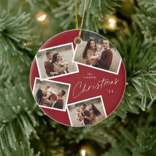 スクリプモダント4フォトコラージュ赤クリスマス セラミックオーナメント (ツリー)