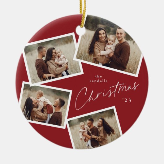 スクリプモダント4フォトコラージュ赤クリスマス セラミックオーナメント (正面)
