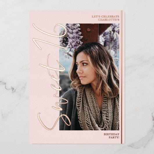 スクリプモダント4枚ピンクスウィート16バラ金ゴールド 箔招待状 (正面)