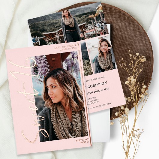 スクリプモダント4枚ピンクスウィート16バラ金ゴールド 箔招待状