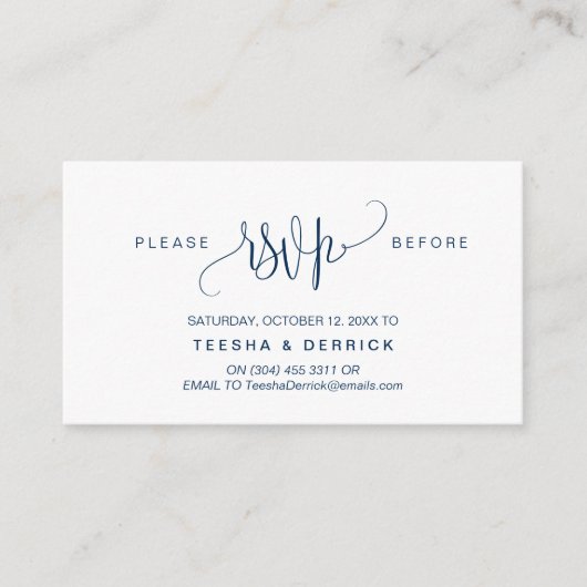 スクリプモダント、ネイビーブルー、パーティーお祝いRSVP エンクロージャーカード (正面)