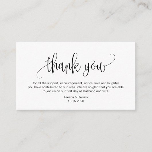 スクリプモダント、ブラックフォント、結婚s Thank you エンクロージャーカード (正面)