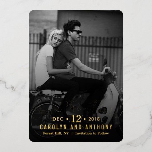 スクリプモダント |写真カスタム日付の保存 箔招待状 (正面)