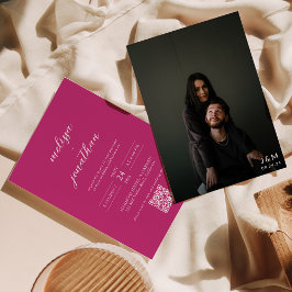 スクリプモダントBright Pink Monogram QRコード結婚s 招待状