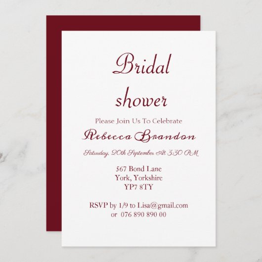 スクリプモダントBurgundy Bridal Shower Invitation 招待状 (正面/裏面)