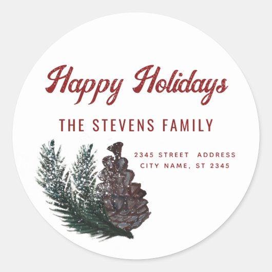 スクリプモダントHappy Holiidays pine cone branch ラウンドシール (正面)