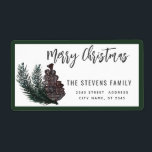スクリプモダントMerry Christmas円錐枝 ラベル<br><div class="desc">スクリプモダント赤メリークリスマス松の枝。魅力的なモダンプロフェッショナルデザインとコンテンポラリーtouch。優雅さとスタイルのtouch。モノグラカスタマイズムのイニシャルと名前とアドレスの詳細</div>