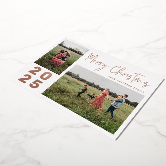 スクリプモダントMerry Christmas 2家族写真赤 箔シーズンカード (回転した状態)