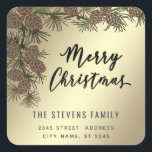 スクリプモダントMerry Christmas pine branch label スクエアシール<br><div class="desc">スクリプモダント赤メリークリスマス松の枝。魅力的なモダンプロフェッショナルデザインとコンテンポラリーtouch。優雅さとスタイルのtouch。モノグラカスタマイズムのイニシャルと名前とアドレスの詳細</div>