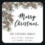 スクリプモダントMerry Christmas pine branch label スクエアシール<br><div class="desc">スクリプモダント赤メリークリスマス松の枝。魅力的なモダンプロフェッショナルデザインとコンテンポラリーtouch。優雅さとスタイルのtouch。モノグラカスタマイズムのイニシャルと名前とアドレスの詳細</div>