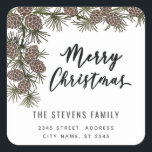 スクリプモダントMerry Christmas pine branch label スクエアシール<br><div class="desc">スクリプモダント赤メリークリスマス松の枝。魅力的なモダンプロフェッショナルデザインとコンテンポラリーtouch。優雅さとスタイルのtouch。モノグラカスタマイズムのイニシャルと名前とアドレスの詳細</div>