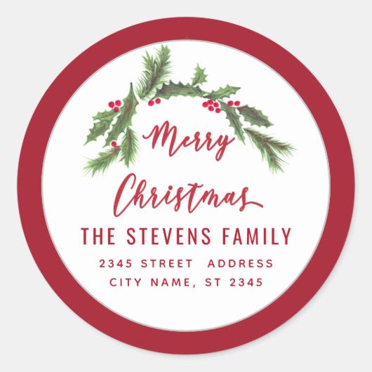 スクリプモダントMerry Christmas red holly Label ラウンドシール (正面)